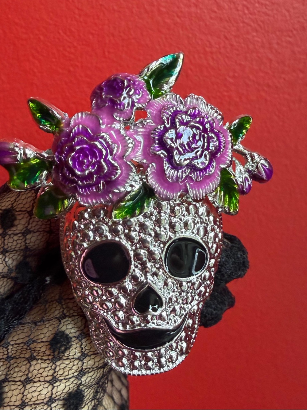 Silver Skull Brooch with Purple Floral Accent